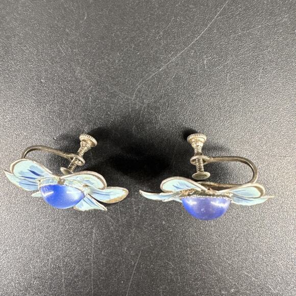 Vintage Blue Enamel Flower Sterling Silver Screw back Earrings - Picture 2 of 13